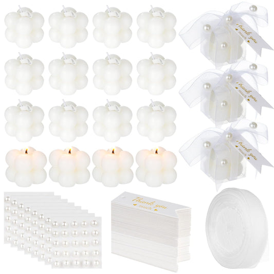 32 Pcs Mini White Bubble Candles, Gifts for Guests Bulk, Including 35 Thank You Cards, Ribbon, Stickers, Scissors, for Wedding, Bridal Shower, Baptism Favors