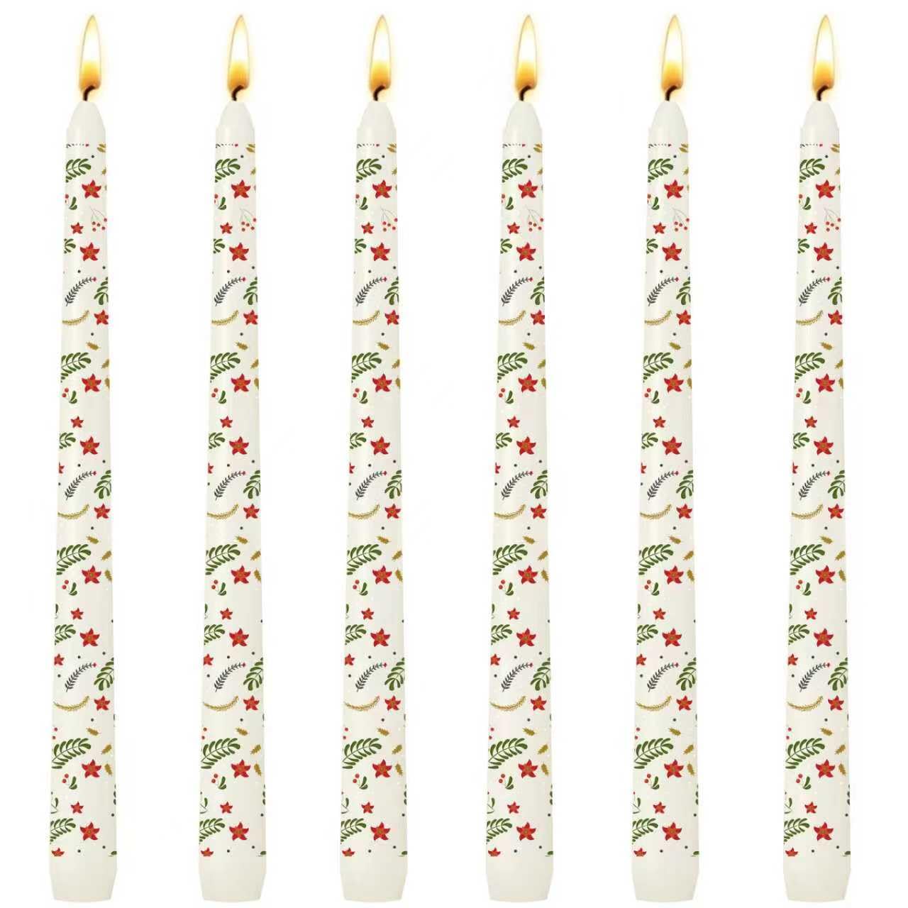 6 Pack Printed Taper Candle Set for Home Decoration, 10 Inch Ivory Candlesticks with Red Flowers and Green Leaves Pattern for Dinner Holiday Seasonal Celebration, Dripless and Smokeless Candle