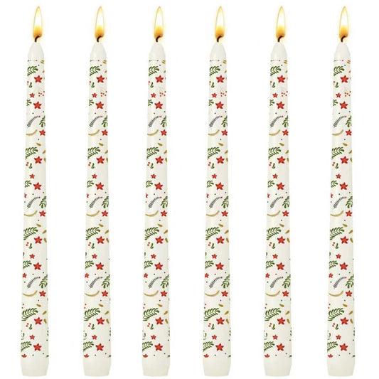 6 Pack Printed Taper Candle Set for Home Decoration, 10 Inch Ivory Candlesticks with Red Flowers and Green Leaves Pattern for Dinner Holiday Seasonal Celebration, Dripless and Smokeless Candle