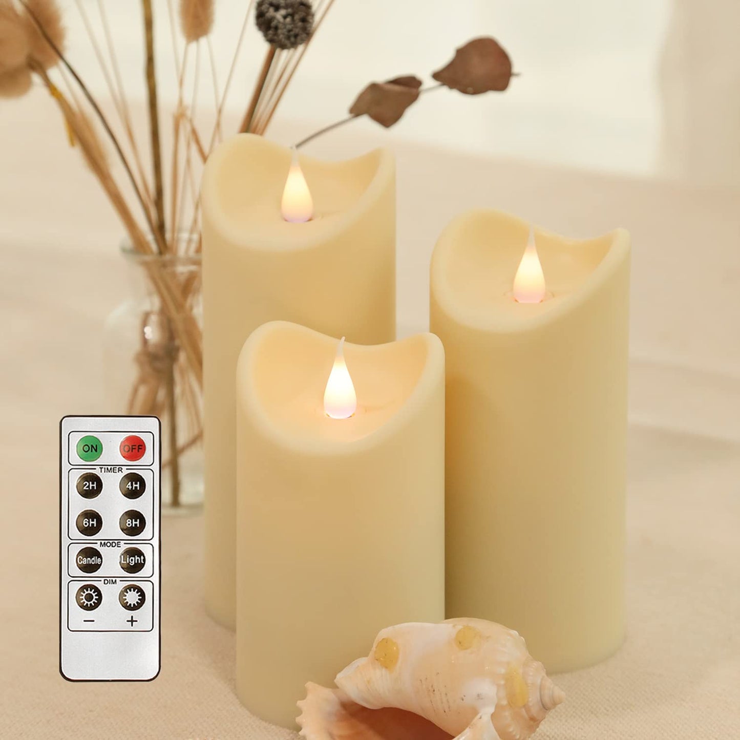 GiveU Outdoor Waterproof Flameless Candle with Moving Flame Flickering LED Candle, 10 Key Remote and Timer, Set of 3 Flameless Candle Ivory 2.75 Inch D Home Decorations
