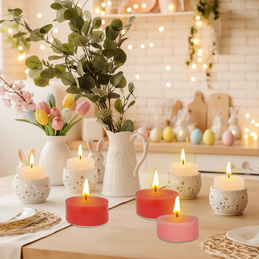 Scented Tea Light Candles 12 Pack Pastel Color Hand Poured Smokeless 4 Hours Clean Burning Small Round Clear Cups Tealight Candles for Romantic Dinners Wedding Centerpieces Cozy Evenings