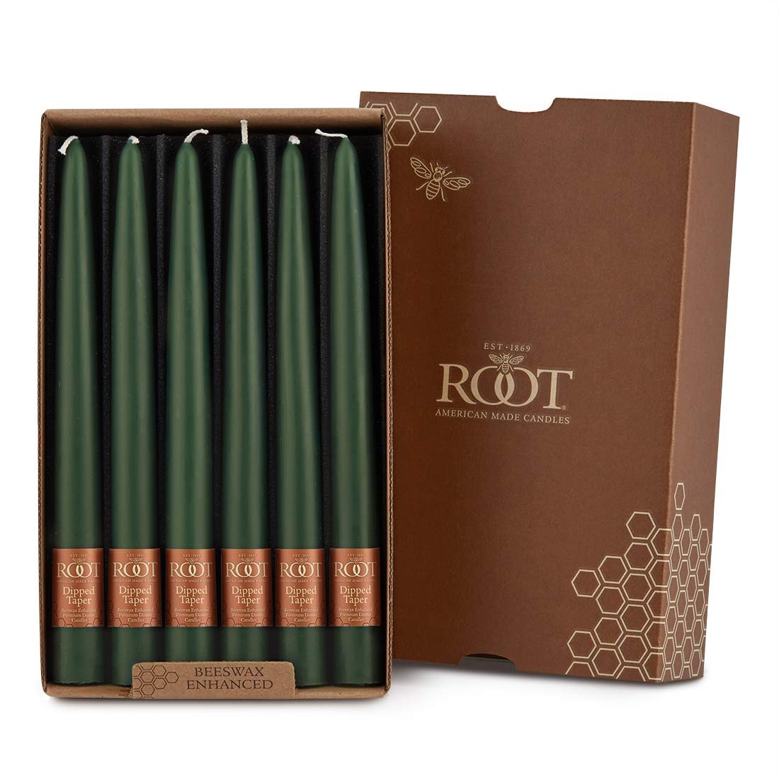 Root Candles 12-Count Unscented Taper Candles Smooth Hand-Dipped Dripless Beeswax Enhanced Boxed Candle Set, 9-Inch, Dark Green