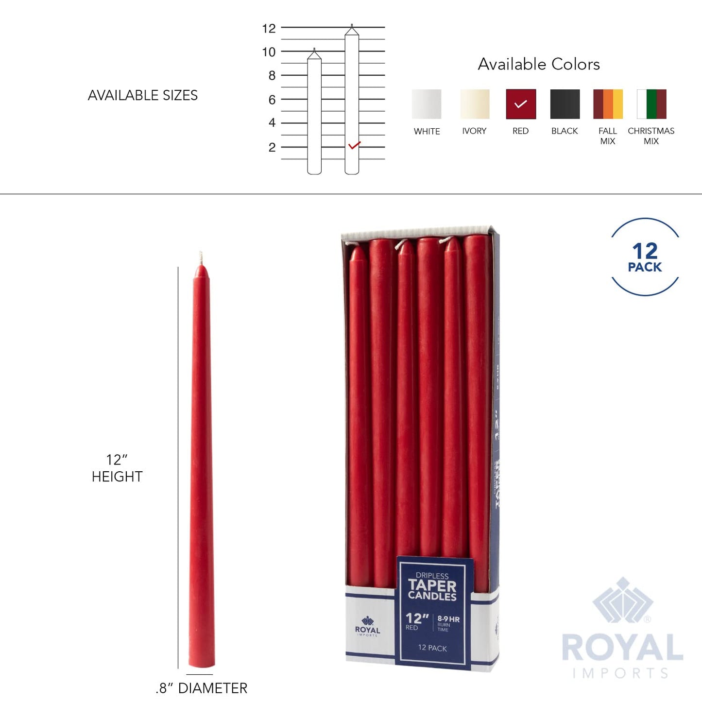Royal Imports Unscented Taper Candles, Tall Elegant Premium, Dripless & Smokeless, Hand-Dipped for Wedding, Christmas, Holiday, Home Decor - 9 Hour Burn Time - Set of 12 (12 Inch, Red)