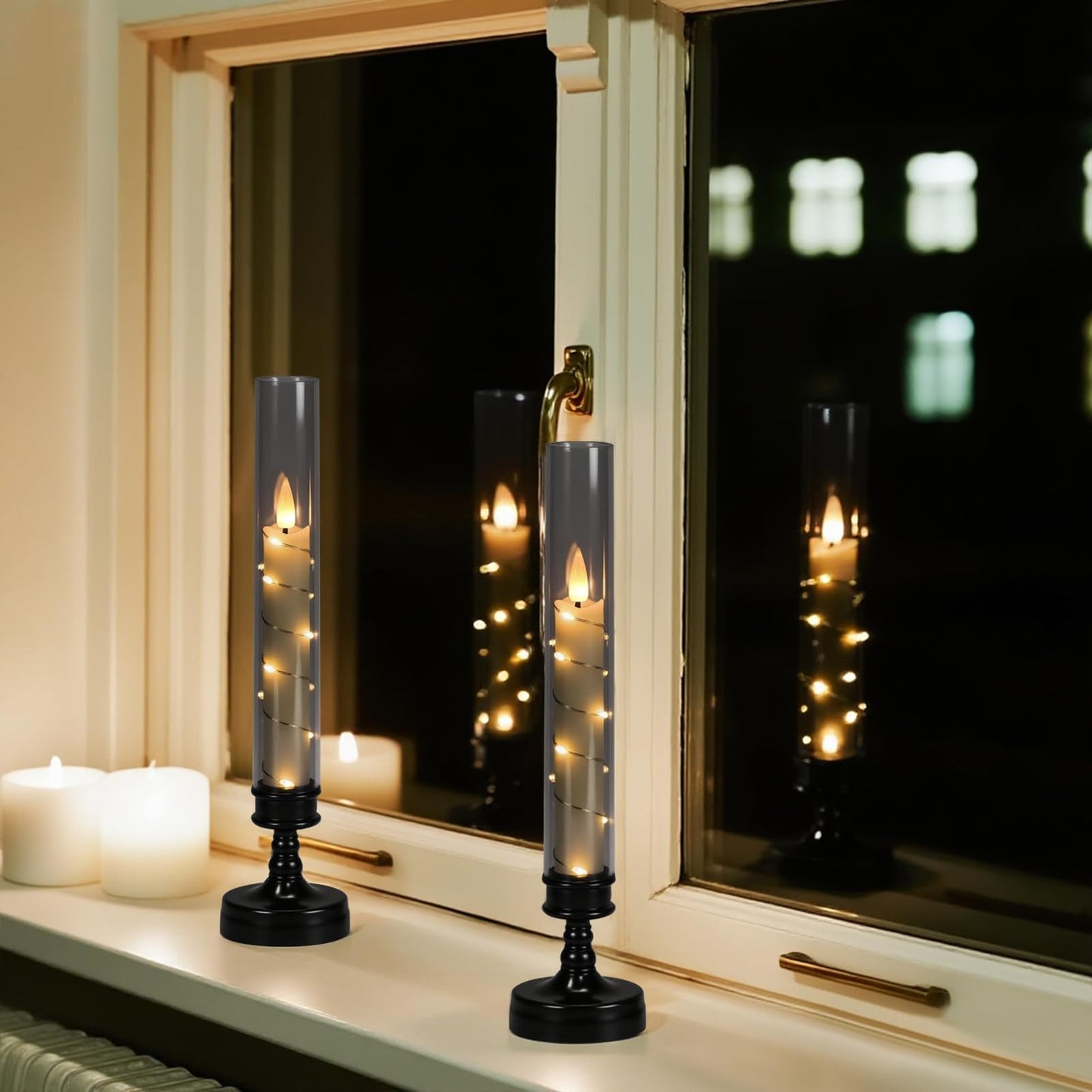 GenSwin Halloween Flameless Taper Candles with Remote and String Lights, Black Halloween Flameless Candles Battery Operated, 2 Pcs LED Flickering Candlesticks for Home Window Table Decor(D2.2”xH10”)