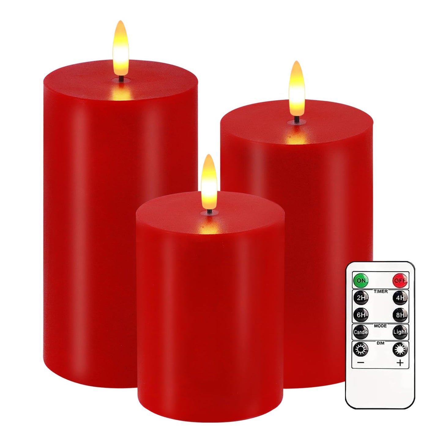 Red Flameless Candles, Set of 3 Flickering LED Candles with Remote & Timer, Dimmable Real Wax Electric Pillar Candles Battery Operated, Christmas Flameless Candles Light for Home Xmas Decor (Red)