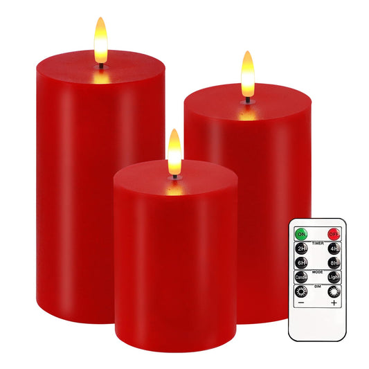 Red Flameless Candles, Set of 3 Flickering LED Candles with Remote & Timer, Dimmable Real Wax Electric Pillar Candles Battery Operated, Christmas Flameless Candles Light for Home Xmas Decor (Red)