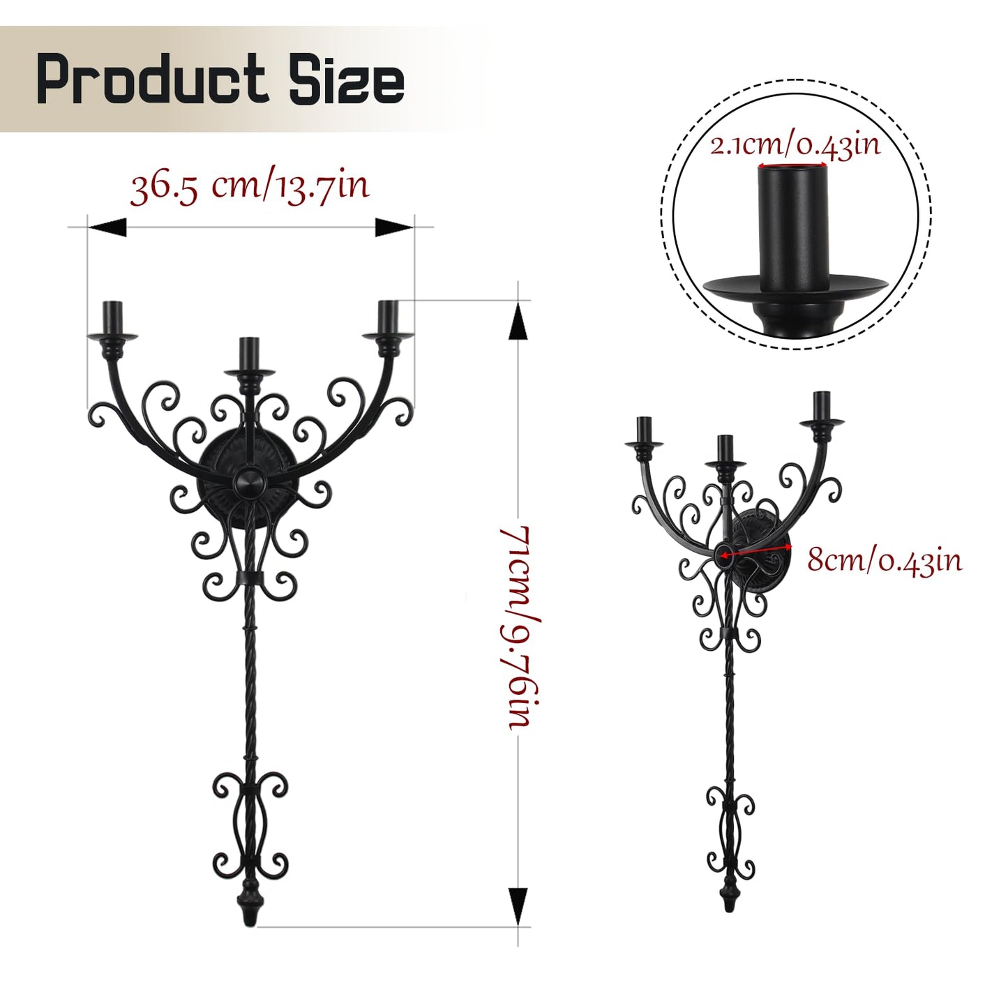 WOPARTY Black Iron Candle Sconces Gothic Wall Candle Holder - Extra Large 28" Medieval 3-Candle Wall Mounted Candlestick for Castle Theme, Halloween, Living Room, Dining Room