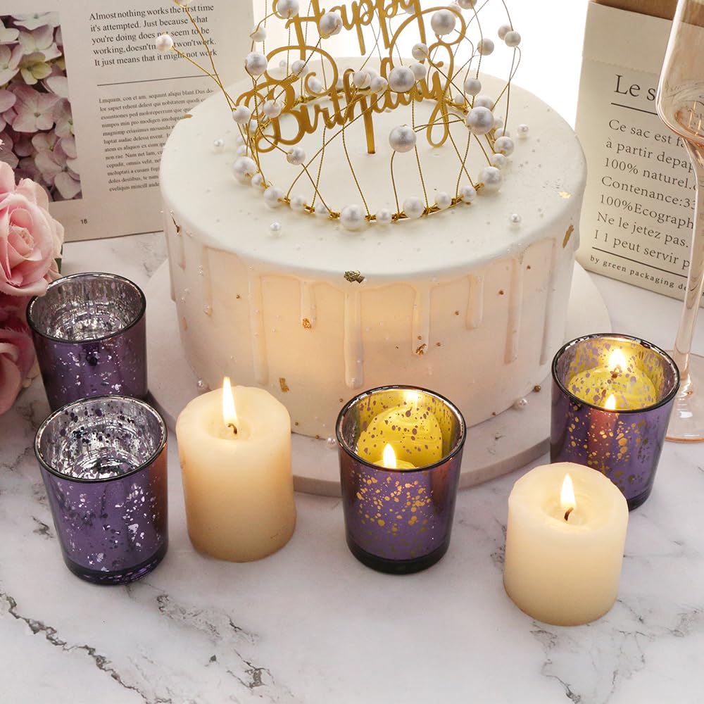 BTGLLAS Purple Mercury Glass Tea Light Holders Set of 36 - Elegant Votive Candle Holders for Weddings, Showers and Home Decor - Perfect for Table Centerpieces and Parties (Glass, Purple)