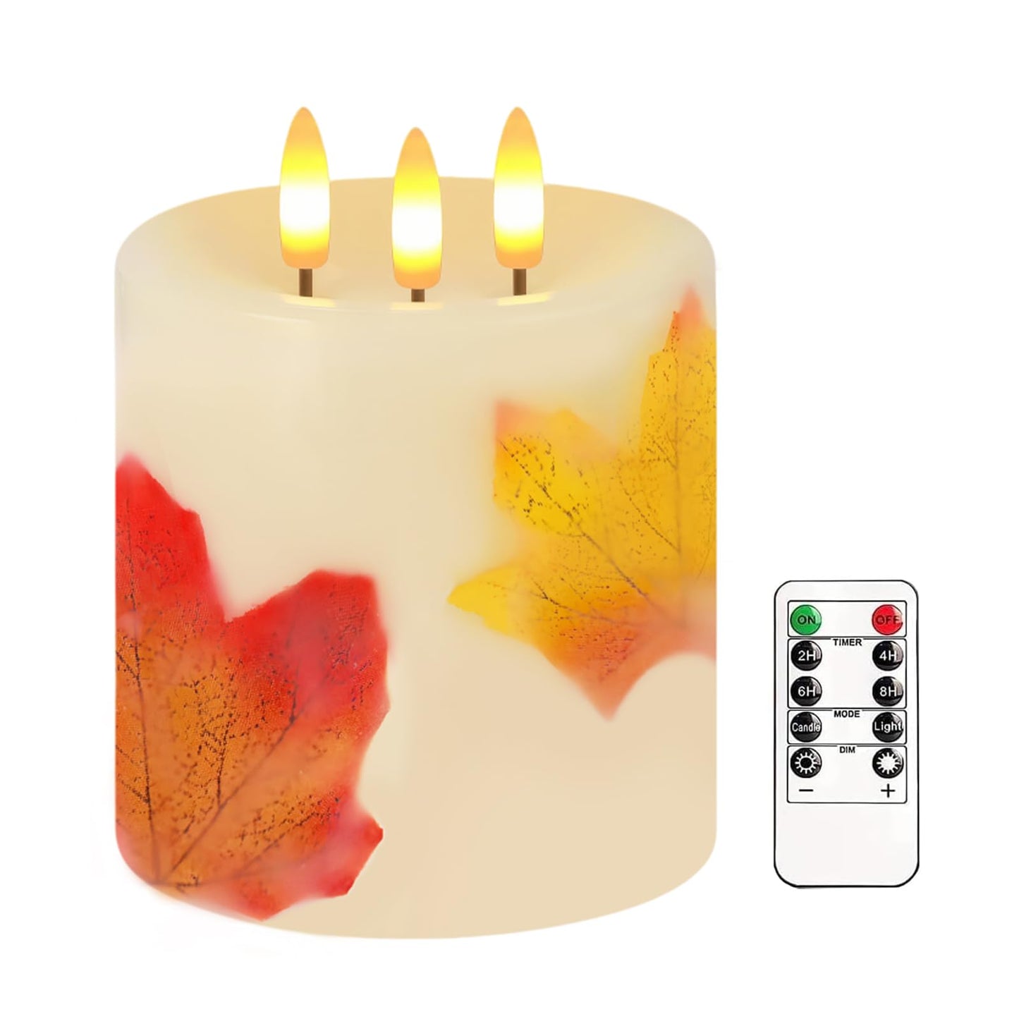 Large 3 Wick Flameless Candles, 4"x4" Flickering Maple Leaves LED Candles with Remote & Timer, Real Wax Electric Pillar Candles Battery Operated, Fall Candles for Thanksgiving Harvest Autumn Decor