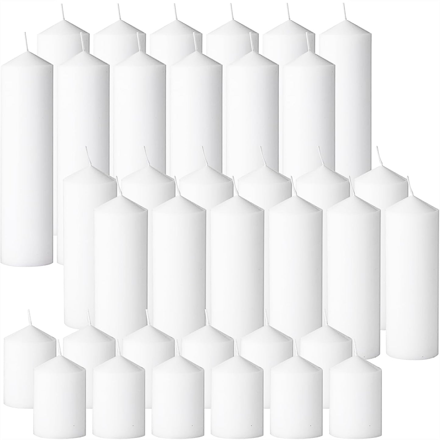 Trxvxo White Pillar Candles Bulk Set of 36，Hurricane Candles，3 Different Lengths 2 x 3/6/8 Inch (12 Each)，Dripless Unscented Smokeless，Gives You a Better Atmosphere When Organizing an Event Party.