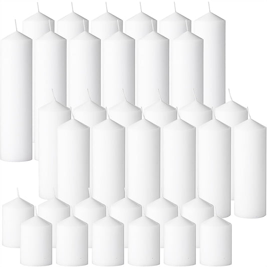 Trxvxo White Pillar Candles Bulk Set of 36，Hurricane Candles，3 Different Lengths 2 x 3/6/8 Inch (12 Each)，Dripless Unscented Smokeless，Gives You a Better Atmosphere When Organizing an Event Party.