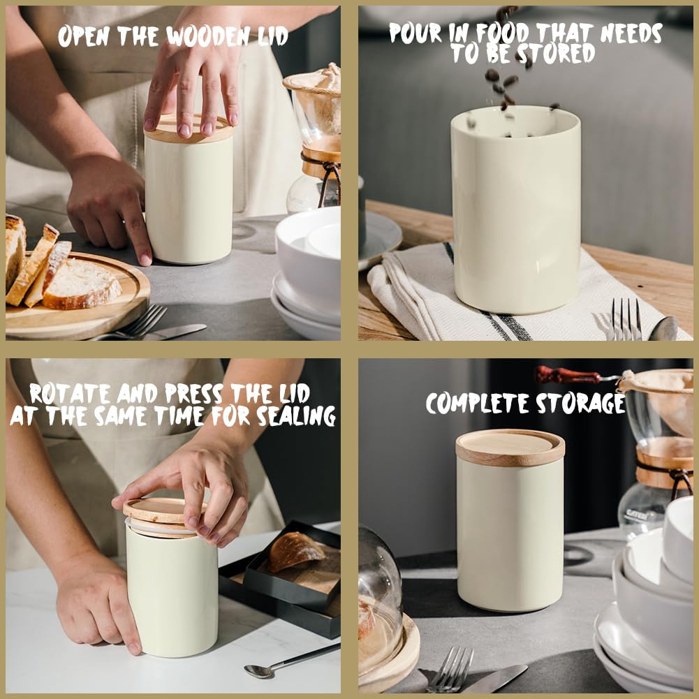 Sweejar Kitchen Canisters Ceramic Food Storage Jar, Stackable Containers with Airtight Seal Wooden Lid for Serving Ground Coffee, Tea, Sugar, Salt and More - 28 Fl Oz (Beige)