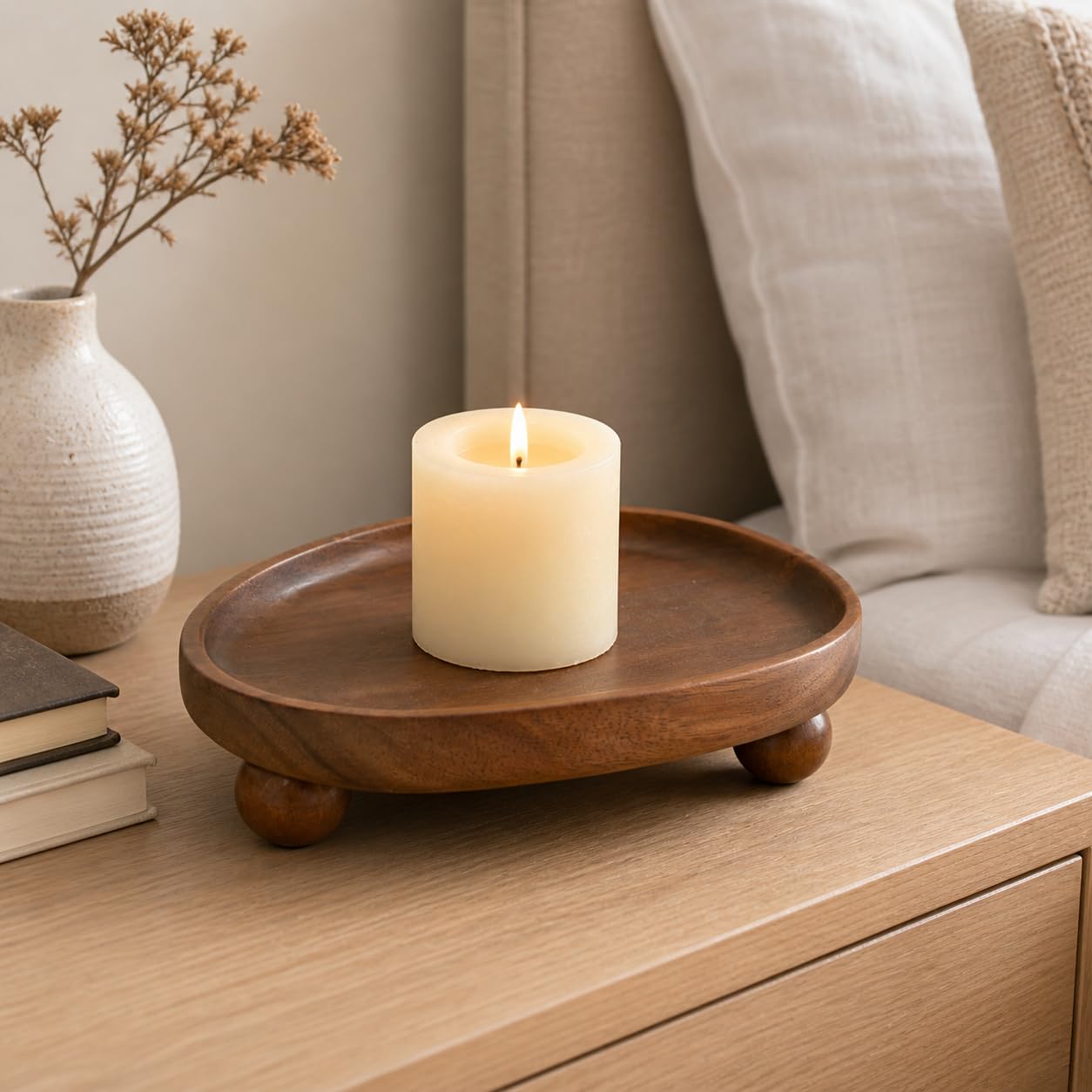 Gdfjiy Candle Tray, Wooden Candle Holder with Ball Feet, Decorative Candle Plate Candlestick Holder, Rustic Soap Dish Jewelry Tray for Bathroom, Vanity, Coffee Table, Party, Wedding and Home Decor