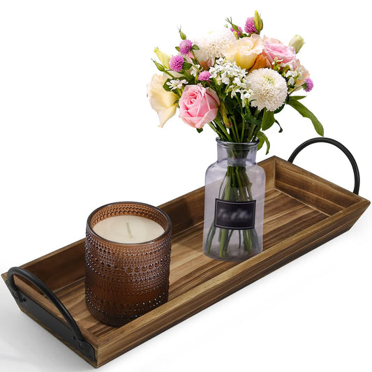 Aglary Wooden Candle Tray, Pillar Candle Holder with Black Metal Handles, Rectangular Centerpiece for Rustic Dining Table,Home Decor Accessories for Kitchen Counter，Coffee Table, Fireplace