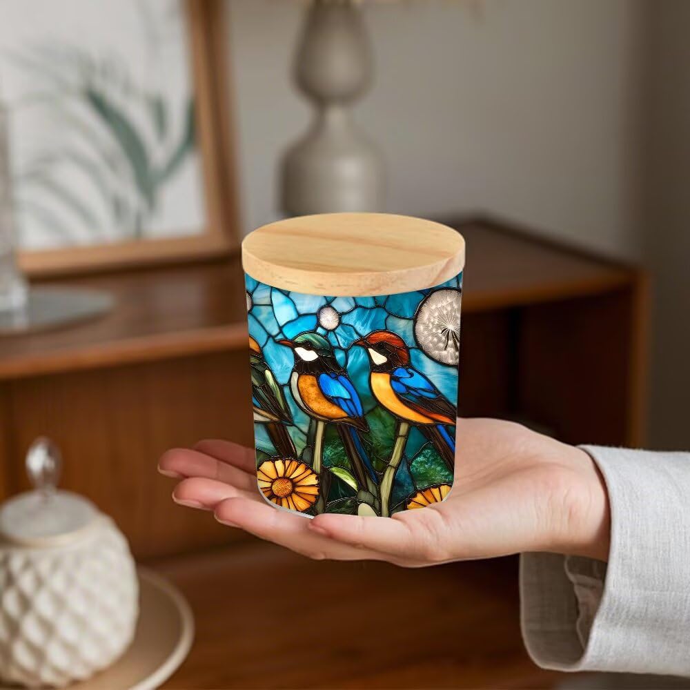 Stained Glass Birds Tea Light Candle Holders, Dandelion Flowers Tealight Candle Holder Jar with Wooden Lid, Bird Votive Candlesticks for Table Centerpieces, Christmas,Birthday Party,Home Decor