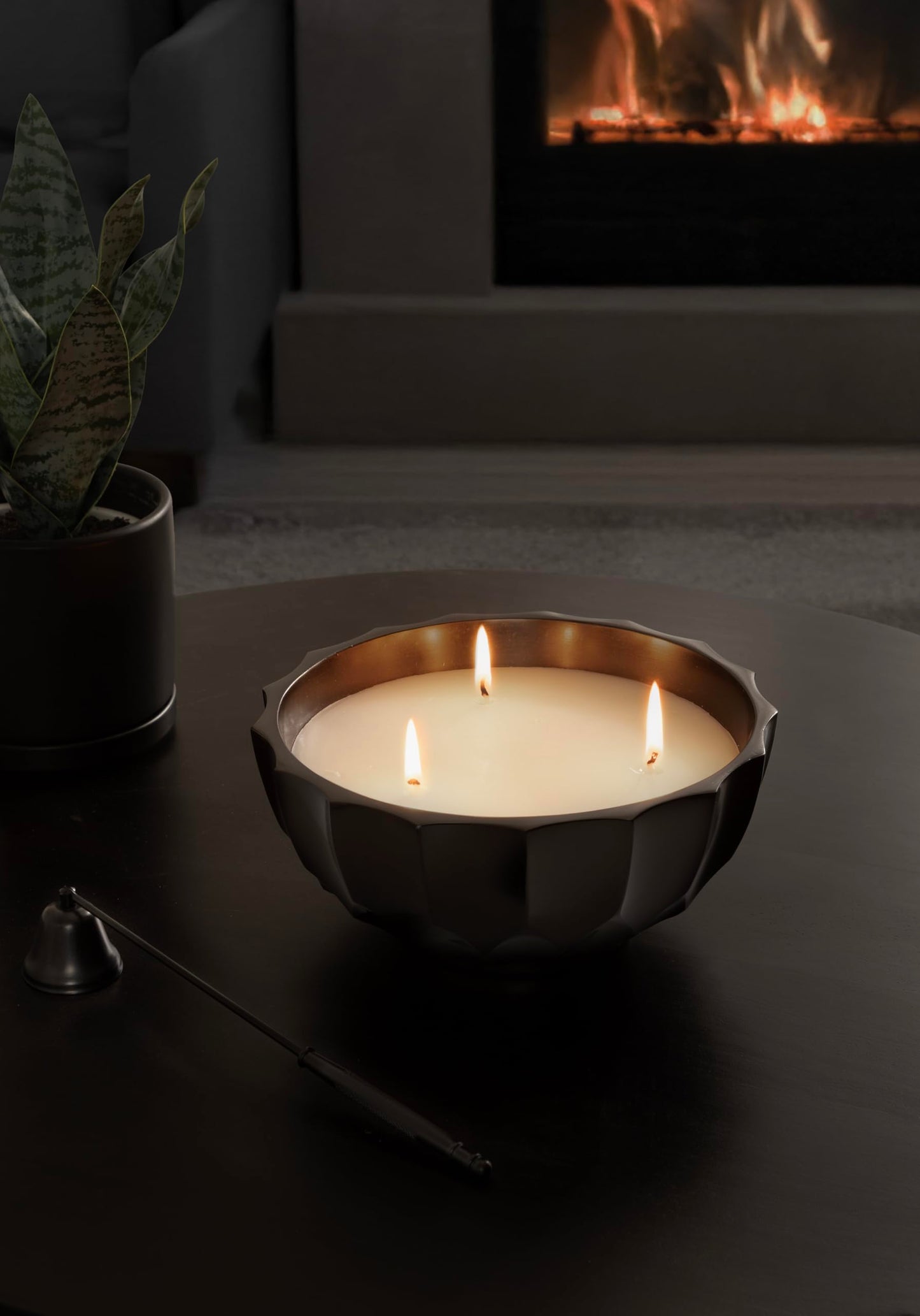 Kate and Laurel Plete Round Pleated Metal Candle Bowl, 8 Inch Diameter, Black Nickel, Modern Scalloped Three-Wick Unscented Candle with Decorative Bowl for Living Room Decor