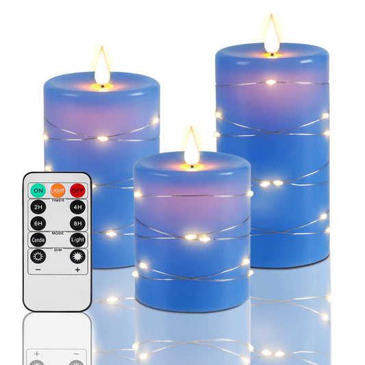 Upinmz Flickering Flameless Candles with Embedded String Lights, Battery Operated Candles with Remote Control and Timer,LED Candles for Home Decoration,Real Wax, 3 Pack Blue