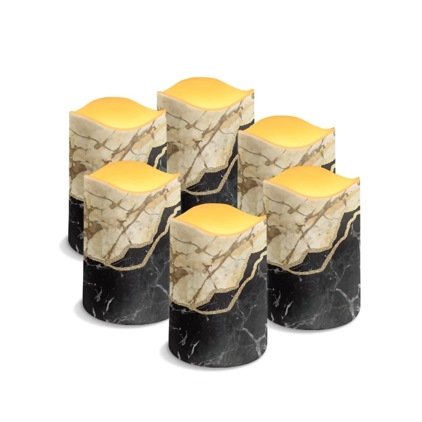 HUISEFOR Black Marble Flickering Flameless Candles Set of 6 Outdoor Solar Candles Rechargeable Solar Emergency Night Lights with Dusk to Dawn Light Sensor Modern Home Decorations