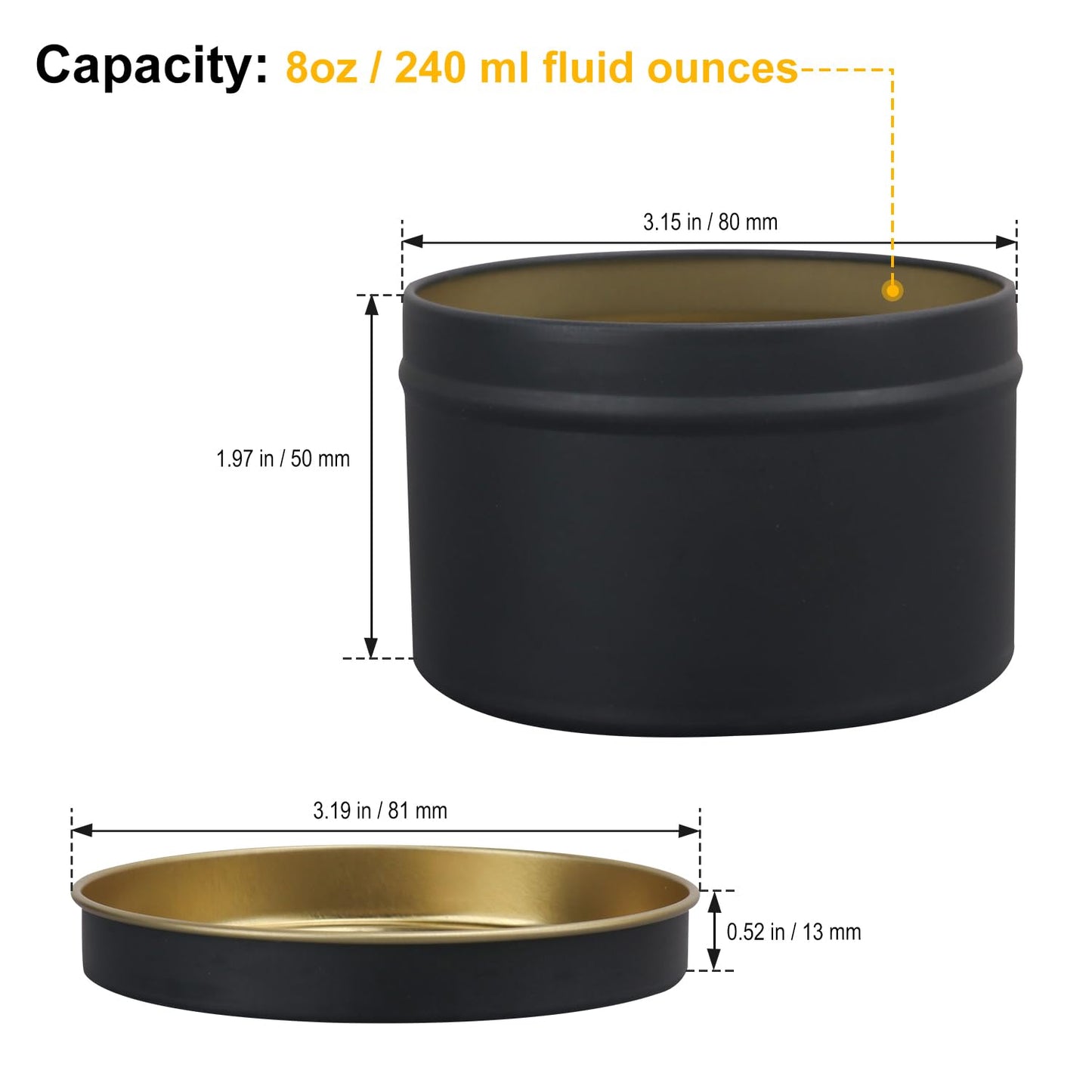 GENHAKON 36 Pack 8 oz Black Candle Tins - Bulk Candle Making Tins and Jars