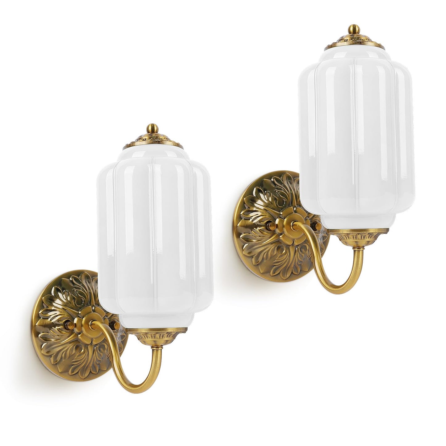 Pandaluna Vintage Wall Sconce, White Milk Glass Light Fixture, 5.5In Art Deco Antique Wall Sconce for Bedroom Bathroom Living Room Hallway Entryway, E12 LED Bulb Included, Antique Gold & White 2 Pack