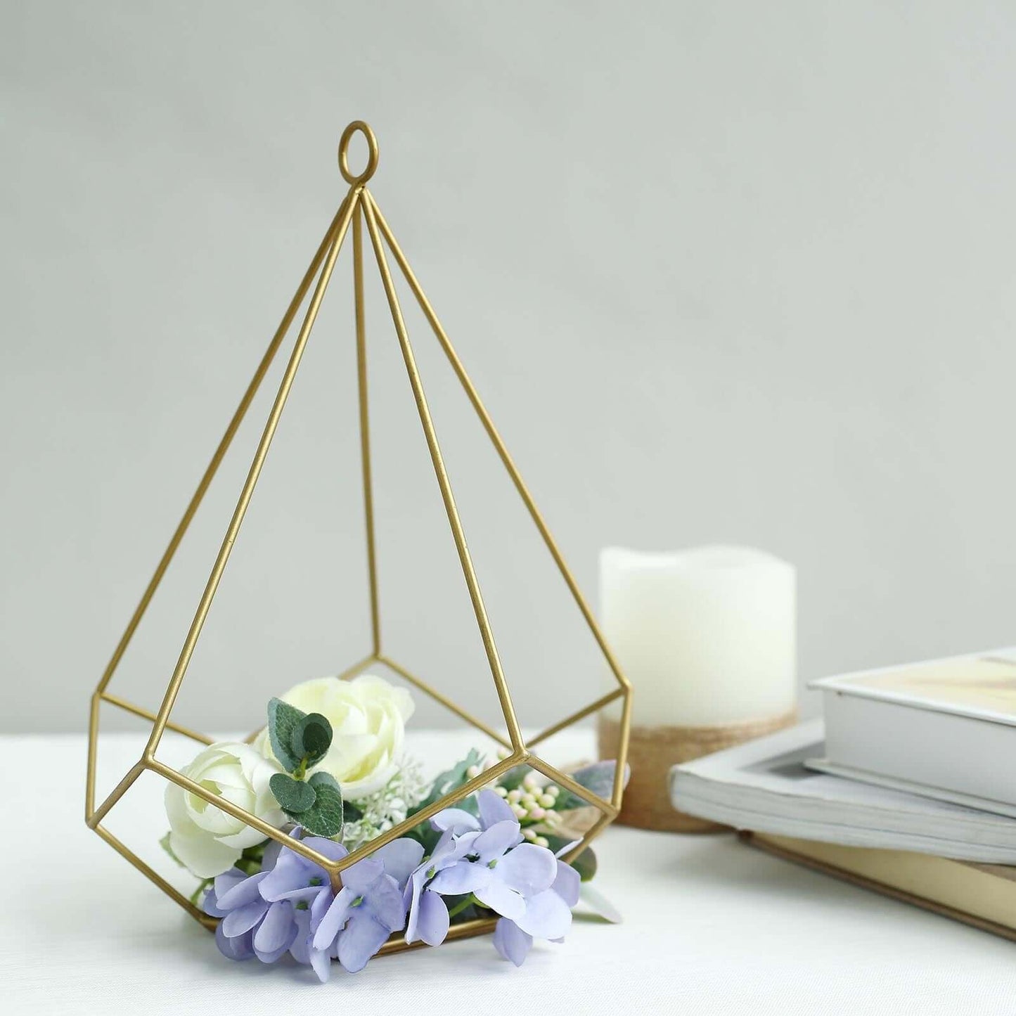 Efavormart 2 Pack Gold 9" Metal Pentagon Geometric Tealight Candle Holders Geometric Floral Centerpiece