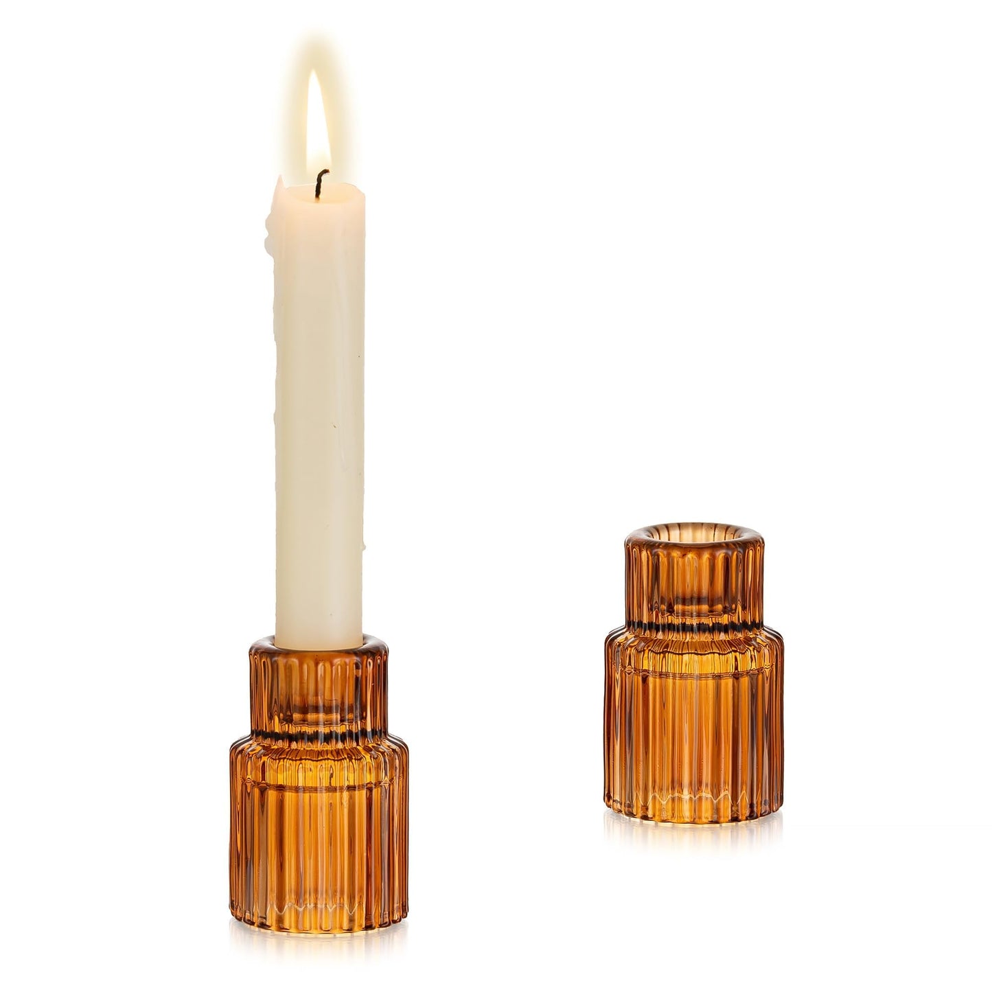 Glasseam Glass Tapered Candlestick Holders: Amber Ribbed Set of 2 for Table Centerpiece, Fall Decor, Christmas Party, Halloween, Thanksgiving