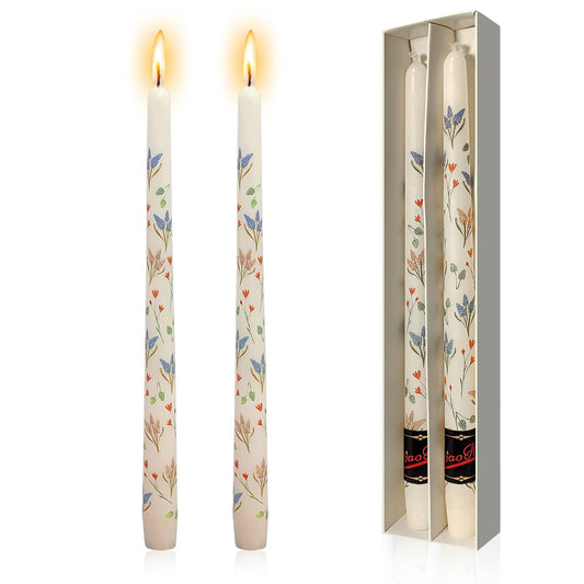 NJAO HOO Flower Candlesticks 10 in Straight Taper Candles Hand Printing Colored White Candlesticks Floral Tall Tapered Candle for Spring Home Garden Decor Simple Modern, 2Pcs