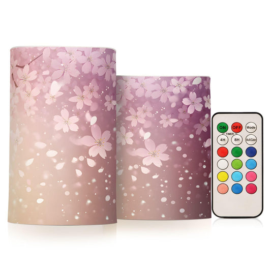 ALAZA Romantic Cherry Blossoms Flickering Flameless Candles Battery Operated with Remote Timer,Tea Light Candles LED Pillar Votive Candles Set of 2 for Outdoor Indoor Decorations
