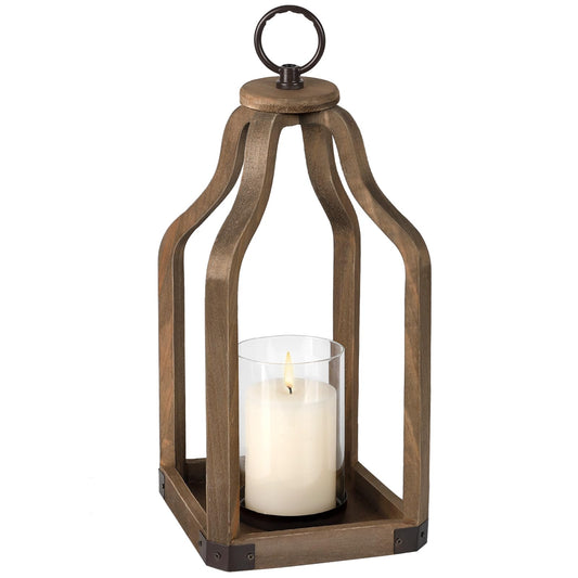 Rustic Wood Lantern Candle Holder for Farmhouse Decor - Indoor and Outdoor Table Centerpiece with Glass Hurricane, 15.7" High