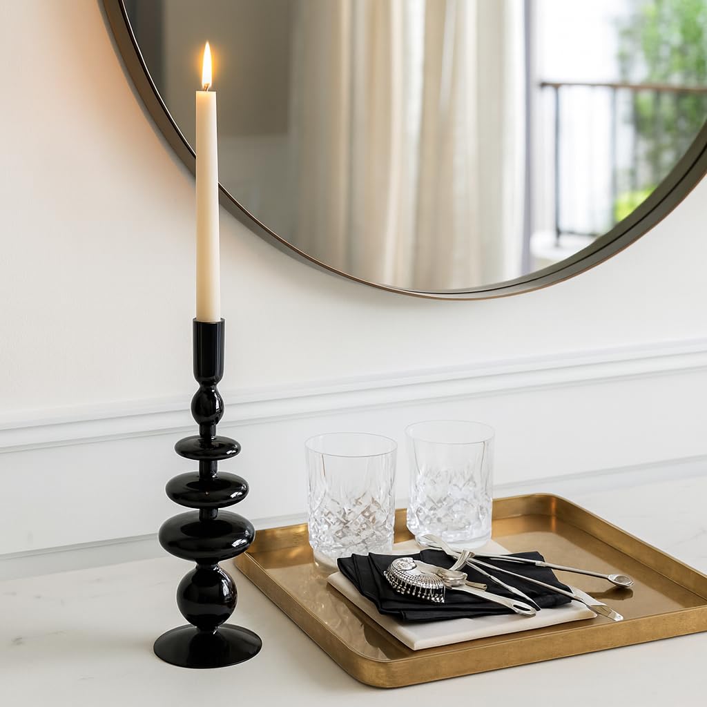 Glass Taper Candle Holder - Candle Holder for Sculptural Candlelight - Dining Room Table Decor or Mantel Display - Modern Disc and Sphere Design Accent, Home Decor – 11", Black
