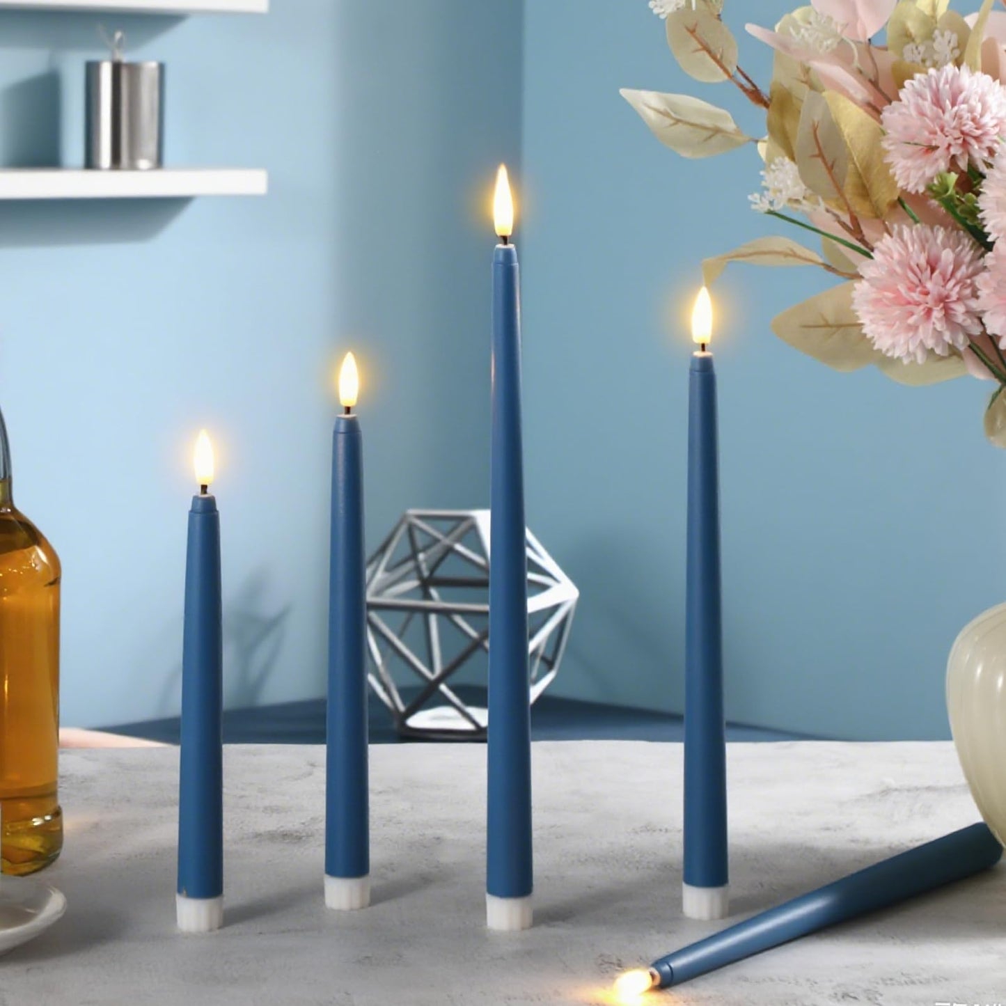 Rossesay 24 Pcs Flameless LED Taper Candles Battery Operated Candle 8.5", 9.65", 10.8", 12.8" Flameless Candlesticks Flickering for Christmas Church Wedding Indoor Decoration(Classic, Blue)
