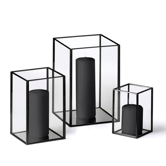 Yummi Set of 36 Slim Pillar Candles & Black Luxus Lanterns - Black
