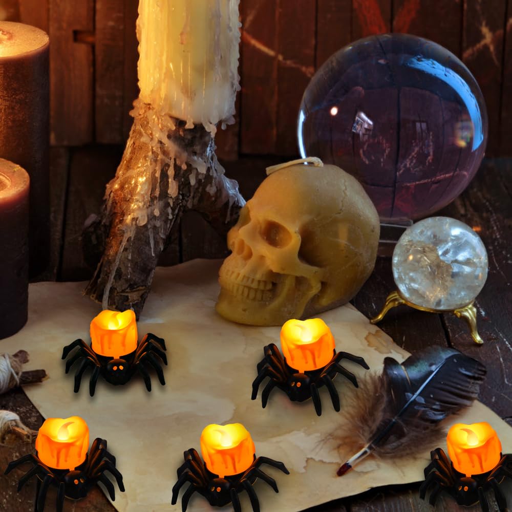 Vellibring 6PCS Halloween Spider Tea Lights Decoration, Halloween Flameless LED Candle Holder Lights Battery Operated for Halloween Party Table Home Spooky Decor (Orange)