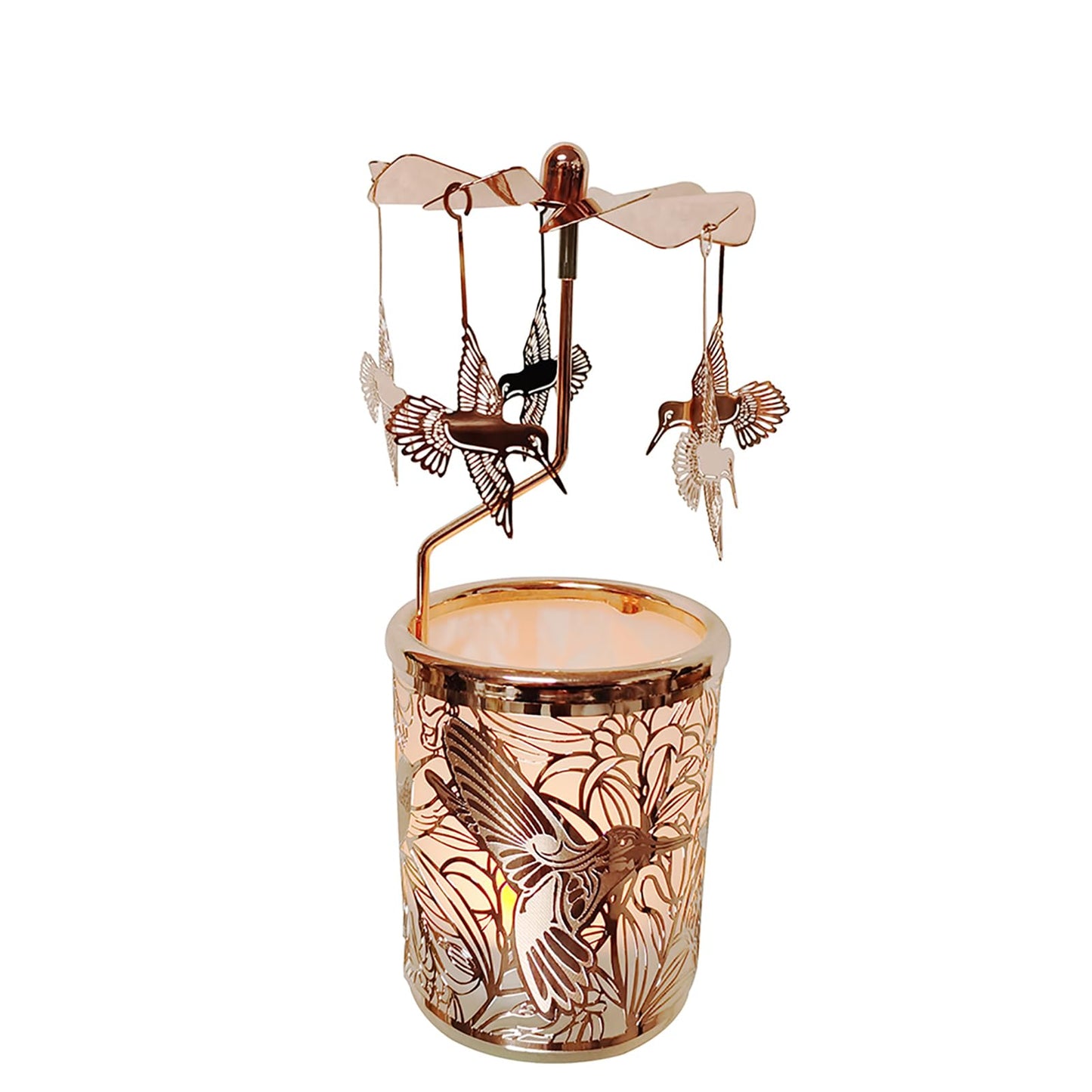 Kingnero Rotary Candle Holder Metal Spinning Windmill Candlestick Carousel Candle Tea Light Holder for Home Decoration for Mom Women Wife Children (Rose Gold Hummingbird)