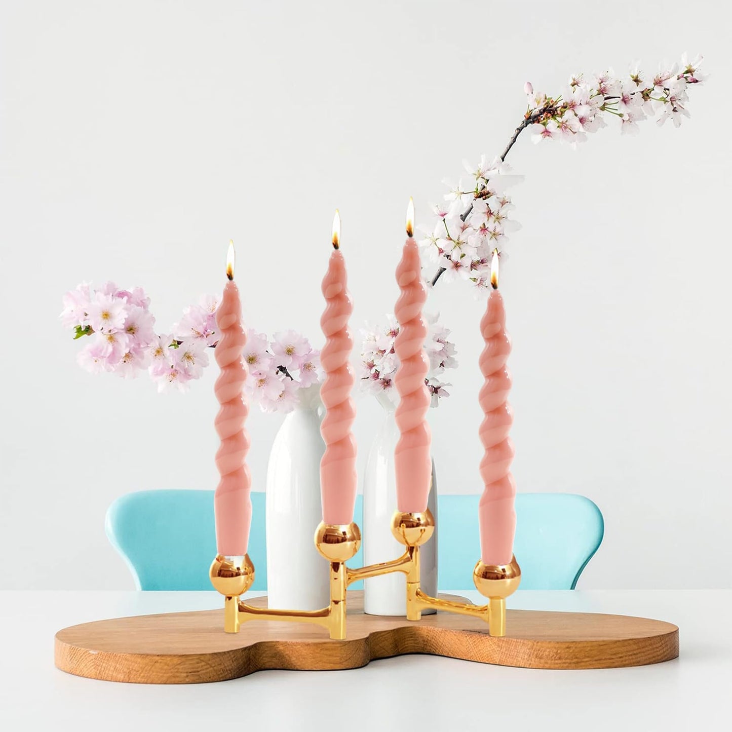 MAITREYA Light Blush Spiral Taper Candles - Conical Stick Candles, Handmade Twisted, Set of 4 for Decoration, Weddings, Party, Church - Unscented, Dripless, 7.5inch