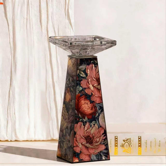 Timetrace Tall Glass Candlestick Holder with Floral Pattern,Candle Holder for Pillar, Single Piece Decorative Centerpiece for Living Room, Patio, Weddings - Decor for Dining Room