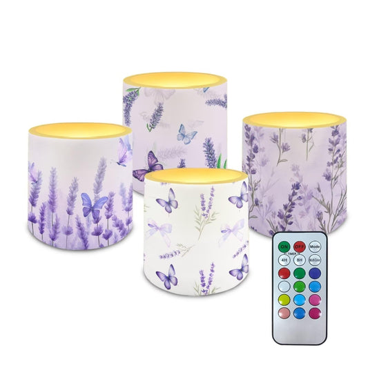 NETILGEN Purple Lavender Flowers 4 Pcs Flameless Candles with Remote Timer Color Changing Battery Operated LED Pillar Flickering Candles for Home Party Decoration