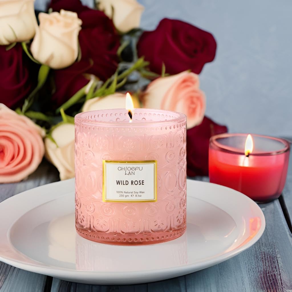 Chloefu LAN Wild Rose Candle, Mother Day Candles Gifts for Women, Luxury Jar Candle for Home Scented, Natural Soy Wax, Pink Candles for Home Scented, 55 Hours Long Burning, 8.1 oz