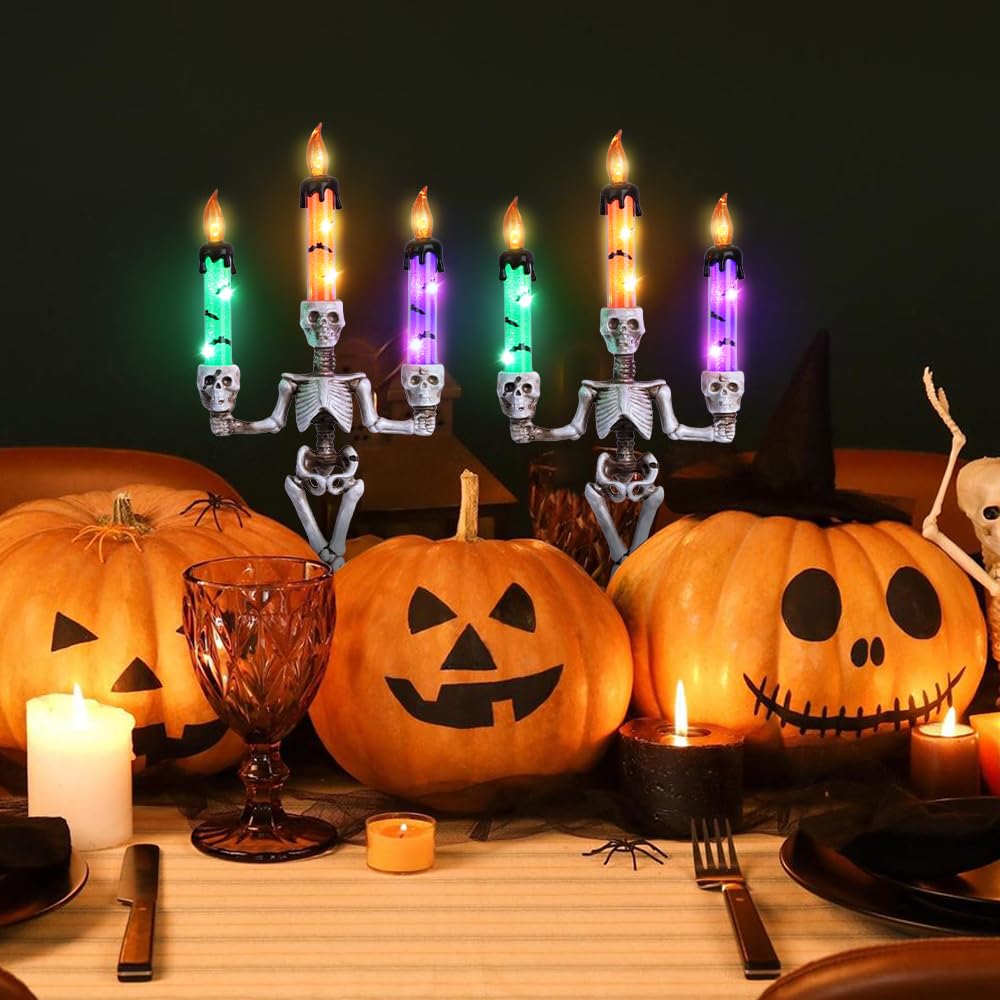 MEETYAMOR 2 Pcs Skull Halloween Candelabra Decorations Indoor, Halloween Candles Holder with LED Lights for Scary Haunted House Mansion Decor, Battery Operated Timer Candlesticks for Table Home Party