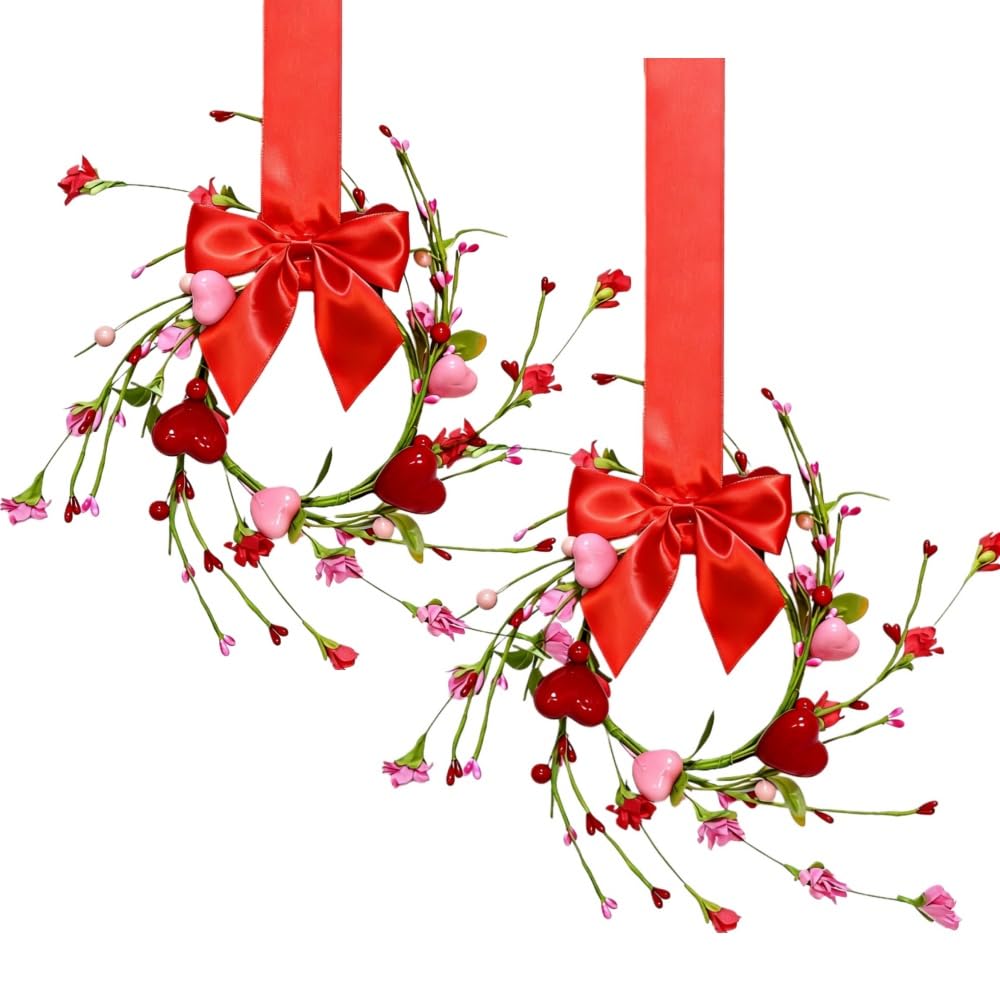 2 Pcs 10" Mini Valentine Candle Rings Wreath for Front Door Small Valentine's Day Red Heart Berry with Forsythia Flowers Decor for Kitchen Cabinet Porch Wall Window Chai (Pink)