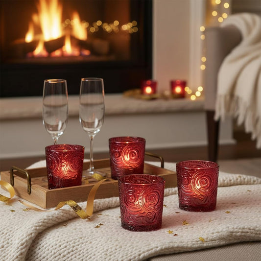 6 Pack Patented Sun Moon Star Embossed Glass Tea Light Candle Holders - Unique Votive Candle Holders for Wedding, Party, and Table Centerpieces (Wildberry Red)