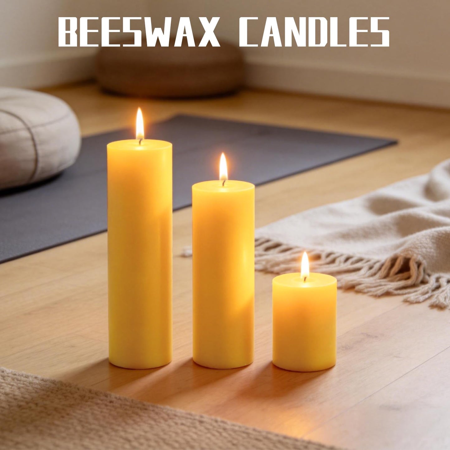 CHICERA 12 Pack Pure Beeswax Pillar Candles, 2x3/6/8 Inch, Natural Mild Honey Scent, Long Burning, Smokeless & Dripless for Home Decor & Prayer