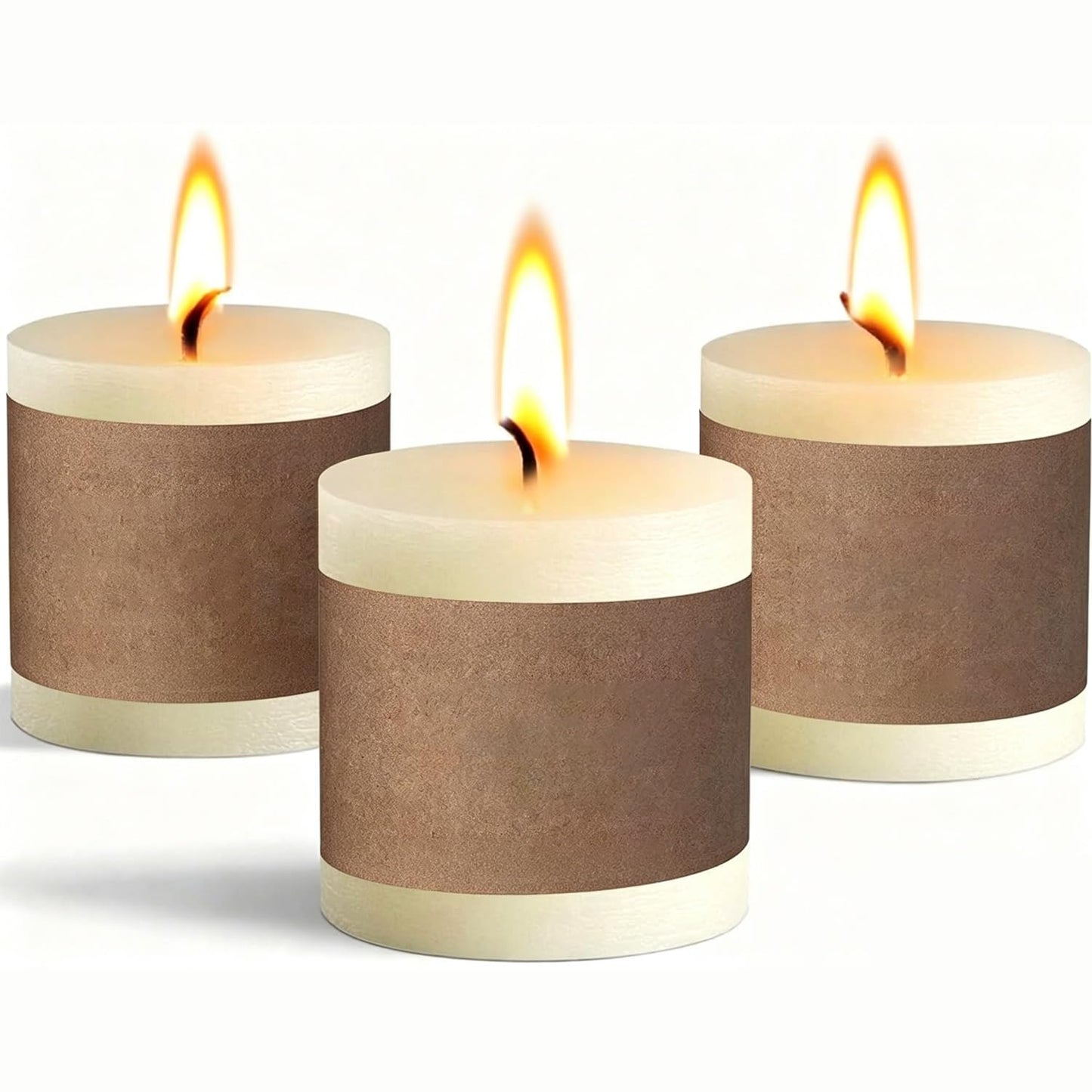 3 Pack Pillar Candles, Unscented Candles for Home, Church, Weddings Dinners and Home Decor, Dripless, Smokeless, and Clean-Burning (Ivory)