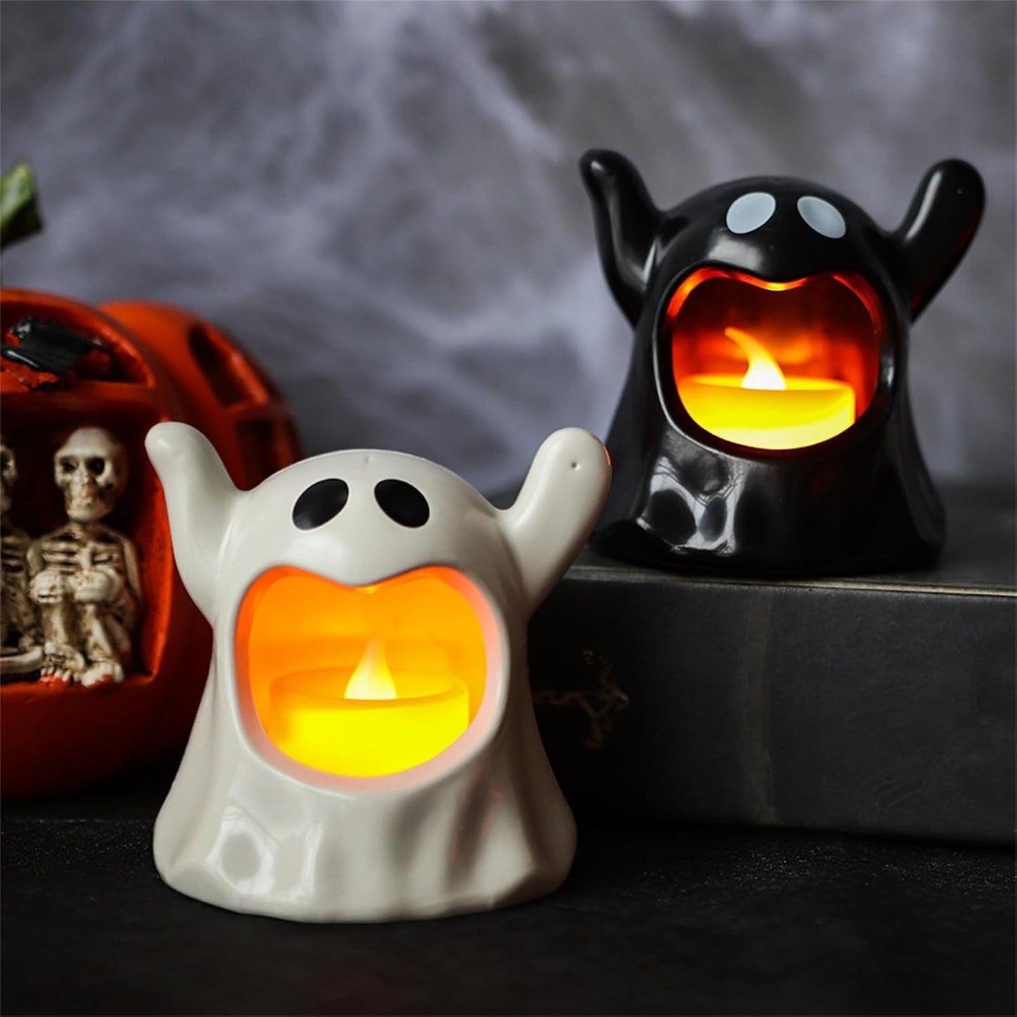 Halloween Candle Holder Cup,Cartoon Candle Holder Cute Ghost Decorations for Table Tea Light Candle Holders Home Halloween Decor (2PCS)