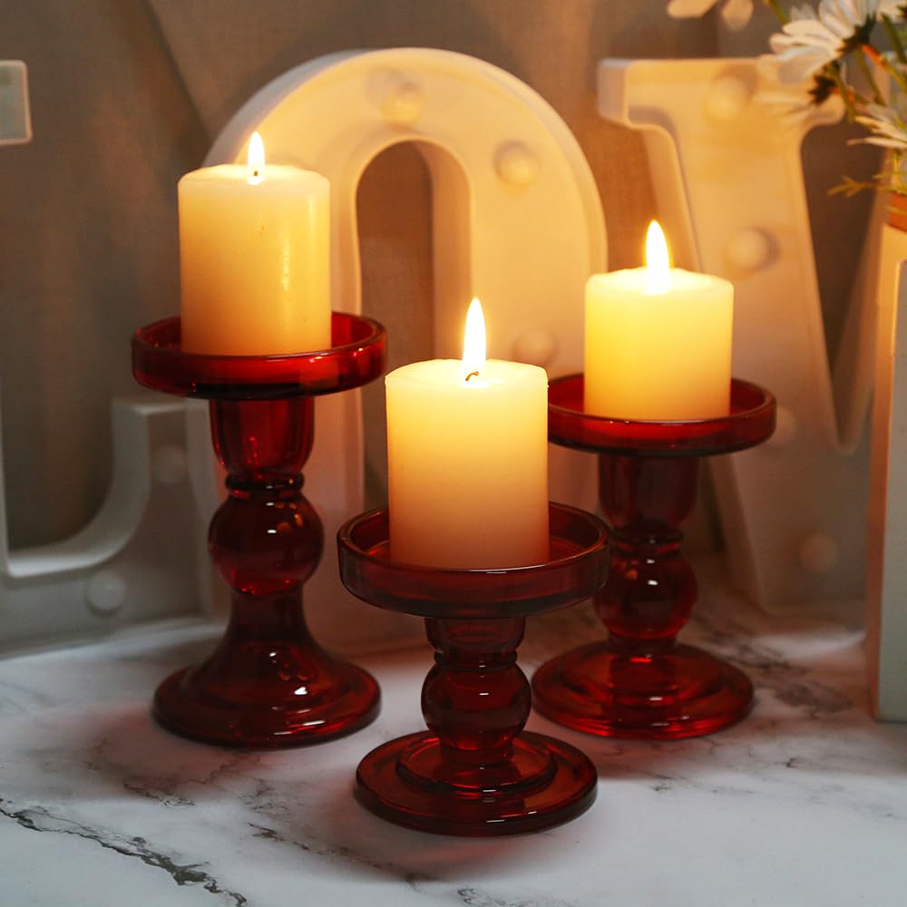 BTGLLAS 6-Piece Set of Red Glass Candlestick, Crystal Candlestick Holder Holder and Conical Candle, Christmas Candle Holder Decoration, Family Living Room Wedding Candle Holder (red2sets)