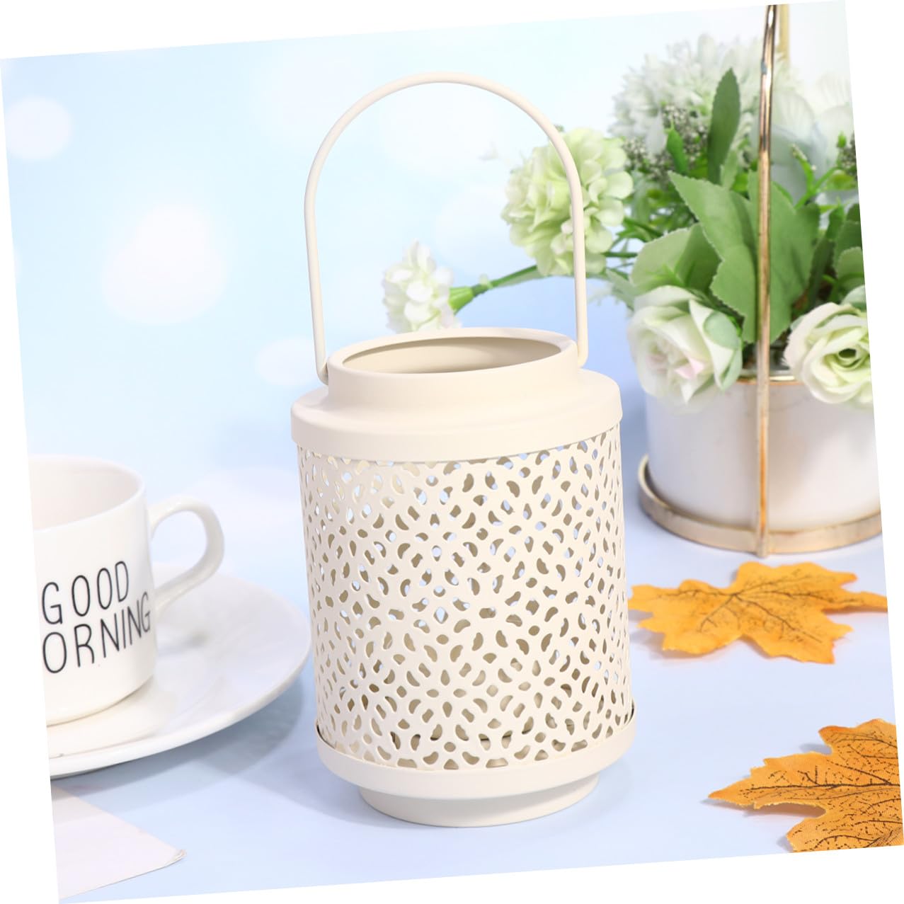 Garneck Iron Art Hollow-Out Candle Stand Decorative Candlestick Holder White Metal Lantern for Restaurant Tabletop Adornment Home Dining Decor