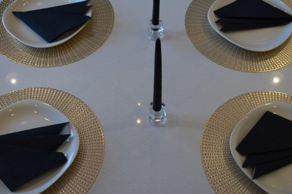 16" Round Placemats (Set of 4), 12 Prefolded 3 ply Napkins, 2 Matching Taper Candles, 2 Glass Candle Holders (Black)