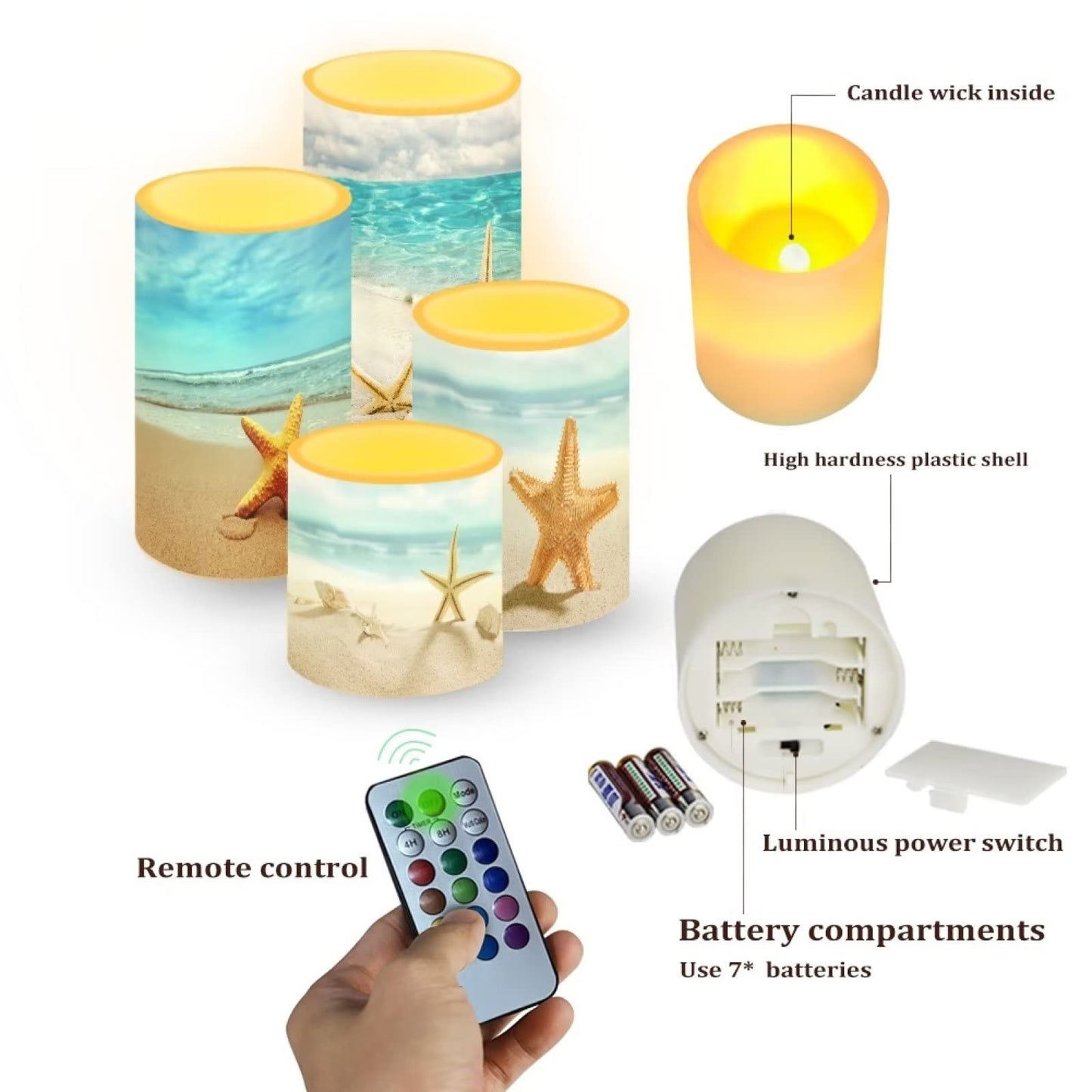 NETILGEN LED Flickering Candles Battery Operated Candles Set of 4 with Remote Control Timer Dancing Flame Pillar Candles Home Table Coastal Decoration, Beach Coastal