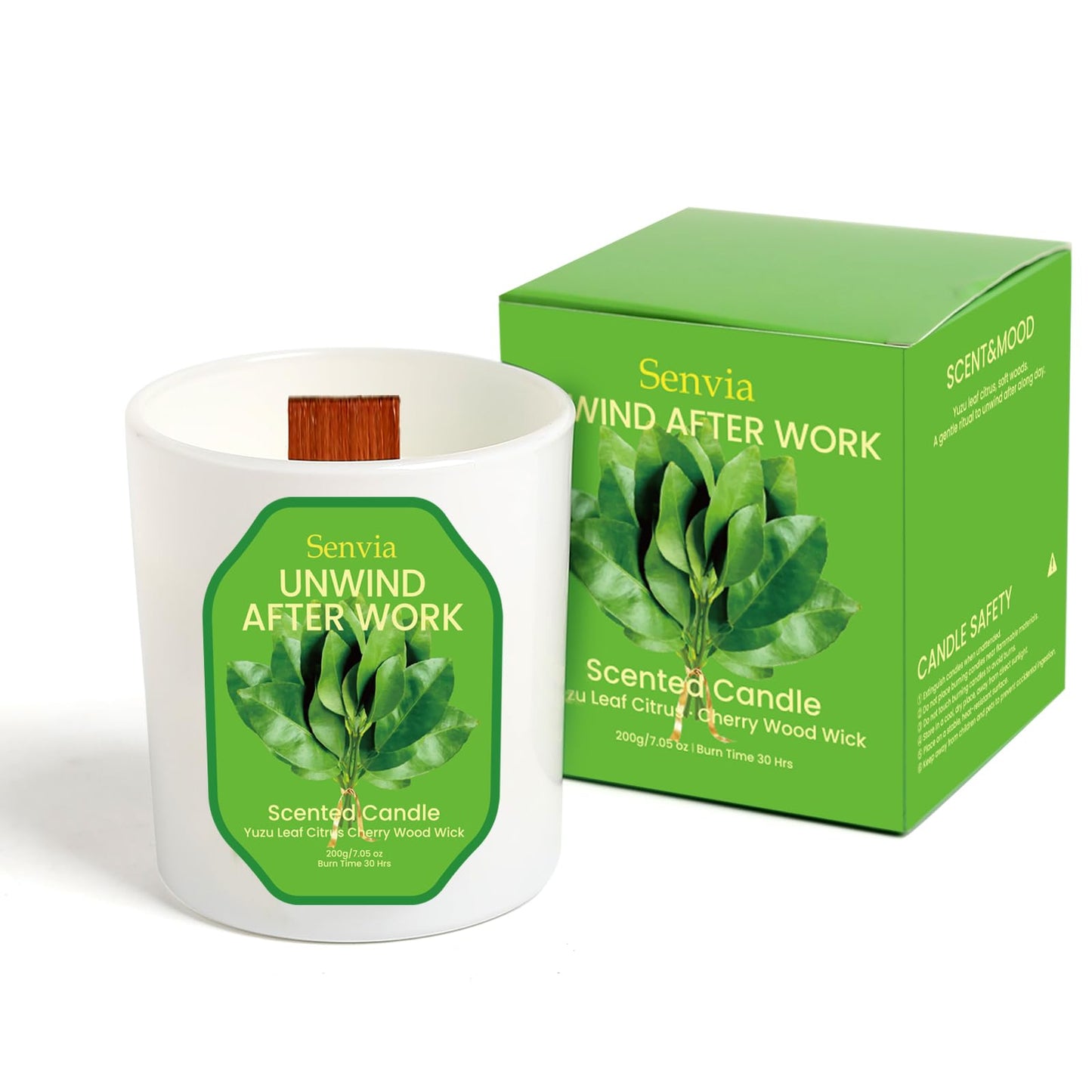 Senvia Crackling Wood Wick Candle - Yuzu Citrus Scented, Non Toxic, Clean Burn for Home Office, Long Lasting Strong Scent for Small to Medium Rooms, Stress Relief, Lead-Free
