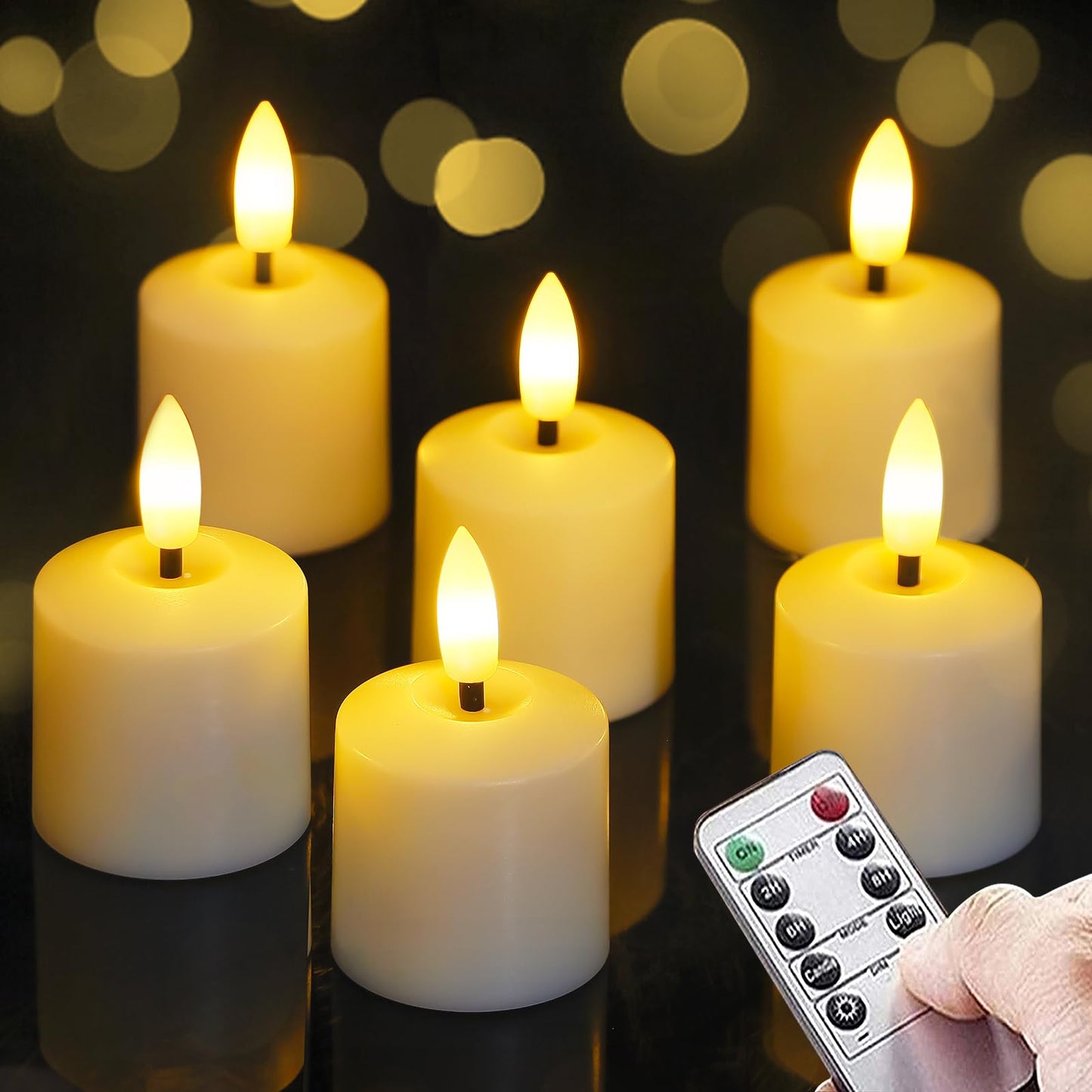 Mavandes Small Flickering Tea Light Flameless Candles with Battery and Remote,1.5" x2.5" Ivory LED 2/4/6/8H Timer Votive Battery Operated Pillar Plastic Long Lasting 6pcs Tealight Candles
